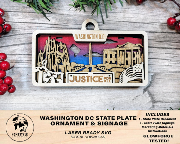 Washington DC State Plate Ornament and Signage - SVG File Download - Sized for Glowforge - Laser Ready Digital Files