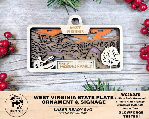 West Virginia State Plate Ornament and Signage - SVG File Download - Sized for Glowforge - Laser Ready Digital Files