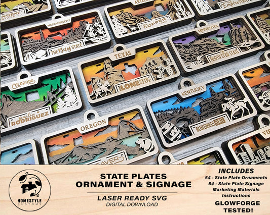State Plate Bundle Ornaments and Signage - SVG File Download - Sized for Glowforge - Laser Ready Digital Files