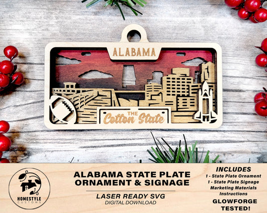 Alabama State Plate Ornament and Signage - SVG File Download - Sized for Glowforge - Laser Ready Digital Files