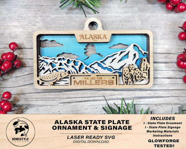 Alaska State Plate Ornament and Signage - SVG File Download - Sized for Glowforge - Laser Ready Digital Files