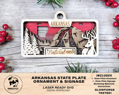 Arkansas State Plate Ornament and Signage - SVG File Download - Sized for Glowforge - Laser Ready Digital Files