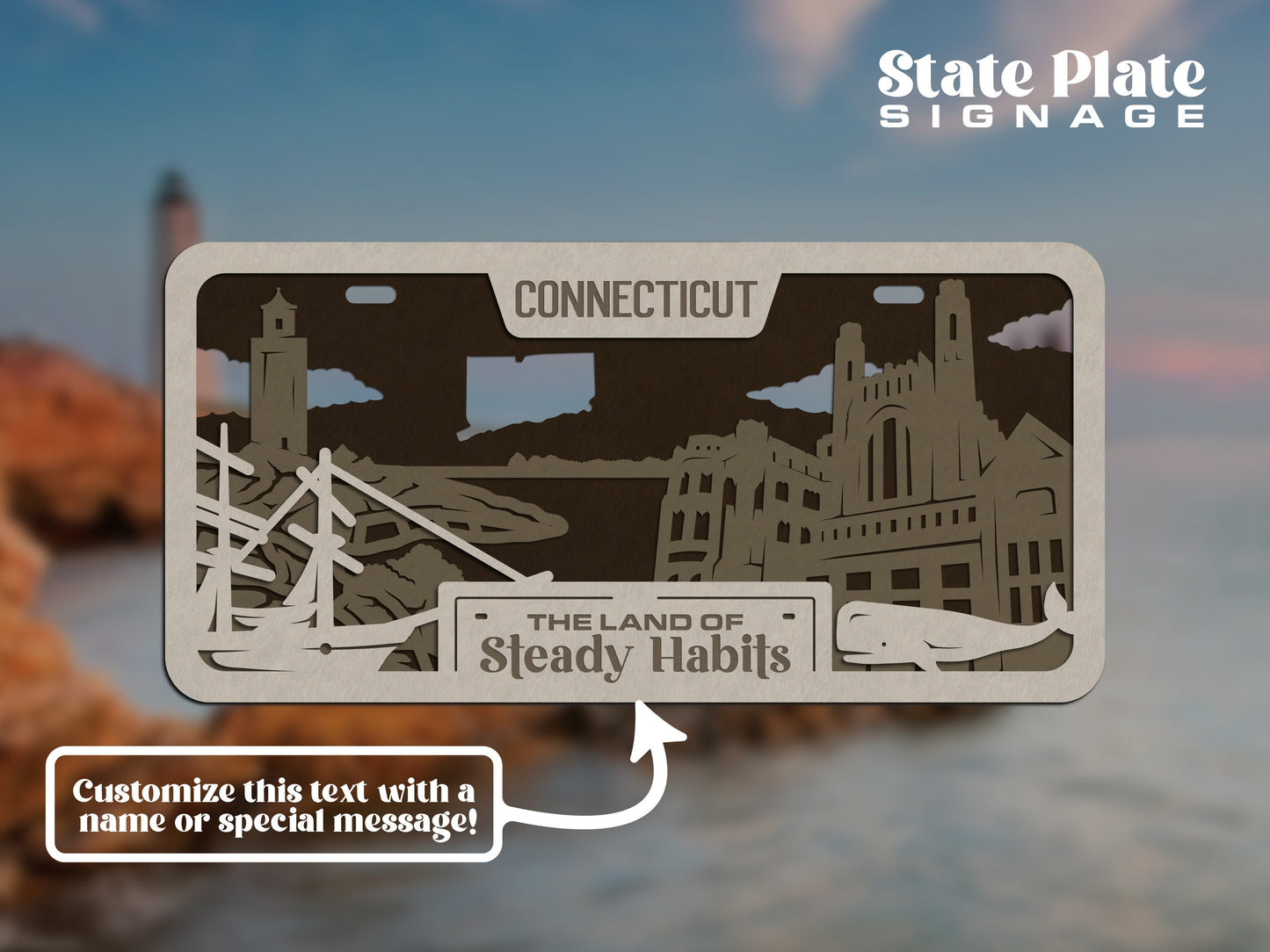 Connecticut State Plate Ornament and Signage - SVG File Download - Sized for Glowforge - Laser Ready Digital Files