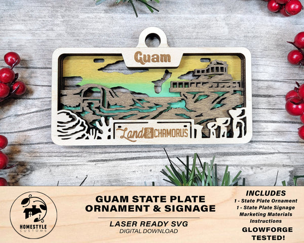 Guam State Plate Ornament and Signage - SVG File Download - Sized for Glowforge - Laser Ready Digital Files