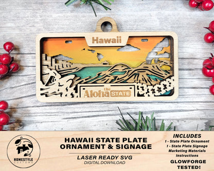Hawaii State Plate Ornament and Signage - SVG File Download - Sized for Glowforge - Laser Ready Digital Files