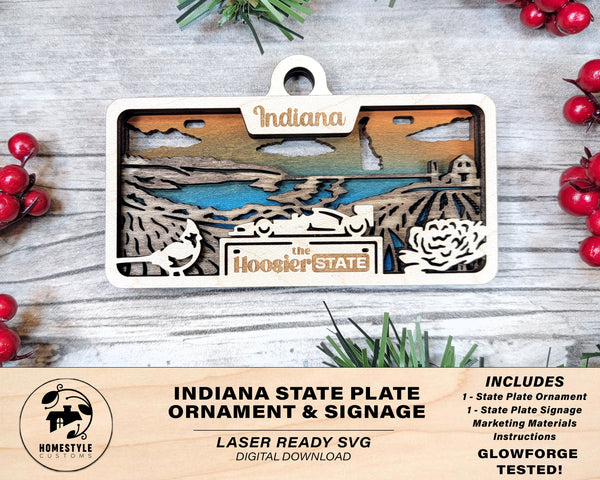 Indiana State Plate Ornament and Signage - SVG File Download - Sized for Glowforge - Laser Ready Digital Files