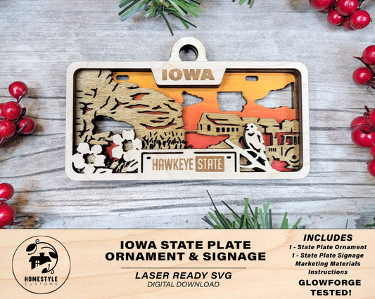 Iowa State Plate Ornament and Signage - SVG File Download - Sized for Glowforge - Laser Ready Digital Files