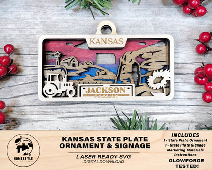 Kansas State Plate Ornament and Signage - SVG File Download - Sized for Glowforge - Laser Ready Digital Files