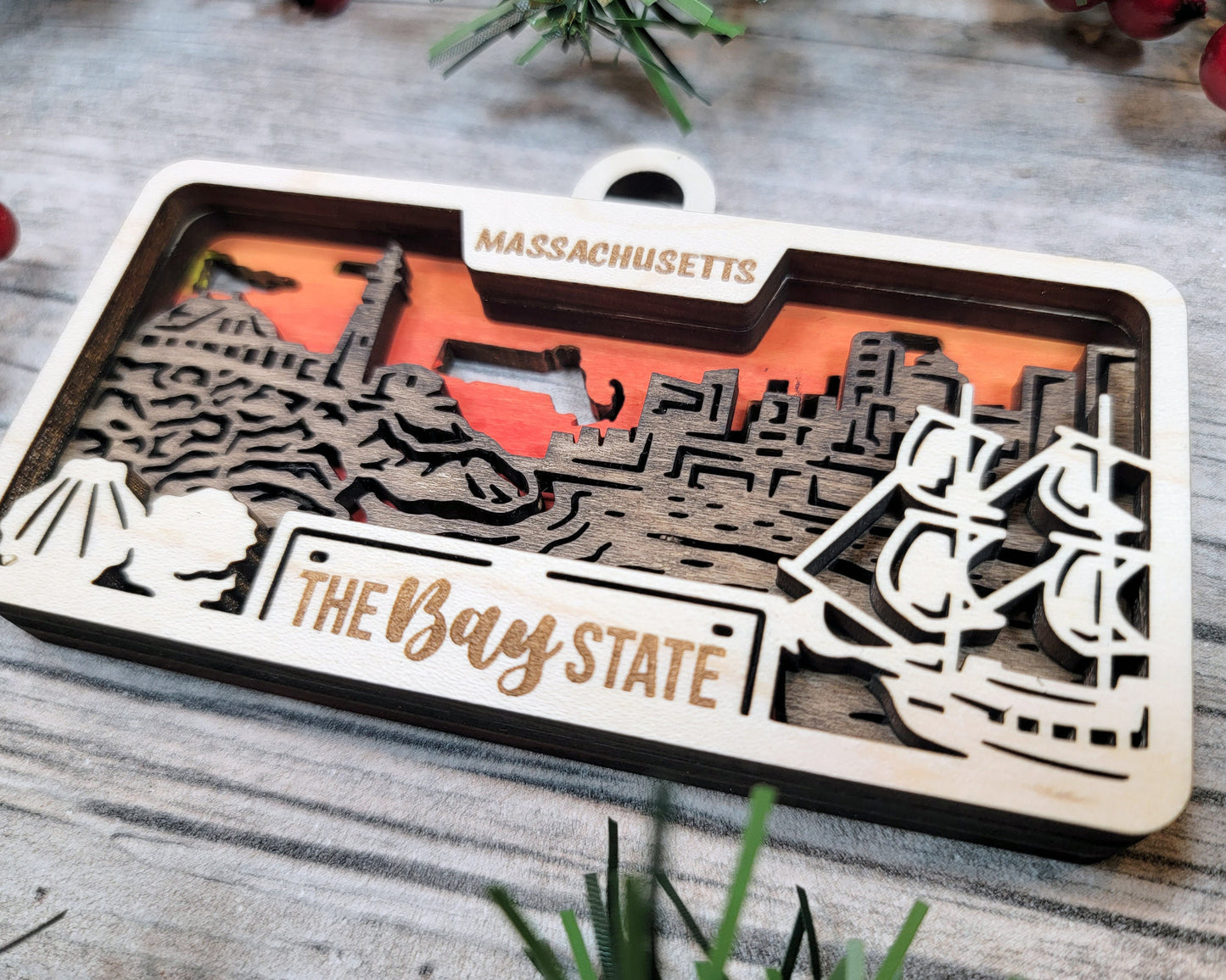 Massachusetts State Plate Ornament and Signage - SVG File Download - Sized for Glowforge - Laser Ready Digital Files