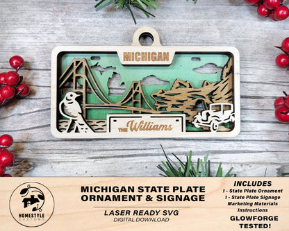 Michigan State Plate Ornament and Signage - SVG File Download - Sized for Glowforge - Laser Ready Digital Files