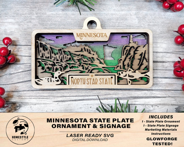 Minnesota State Plate Ornament and Signage - SVG File Download - Sized for Glowforge - Laser Ready Digital Files