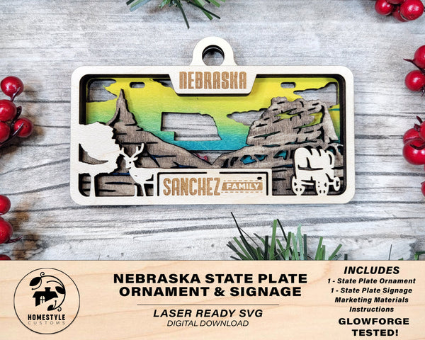 Nebraska State Plate Ornament and Signage - SVG File Download - Sized for Glowforge - Laser Ready Digital Files