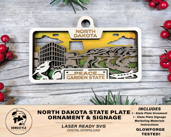 North Dakota State Plate Ornament and Signage - SVG File Download - Sized for Glowforge - Laser Ready Digital Files