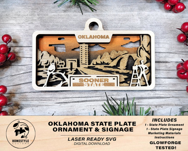 Oklahoma State Plate Ornament and Signage - SVG File Download - Sized for Glowforge - Laser Ready Digital Files