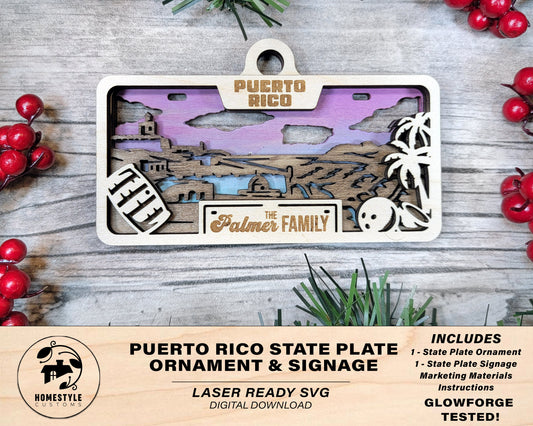 Puerto Rico State Plate Ornament and Signage - SVG File Download - Sized for Glowforge - Laser Ready Digital Files