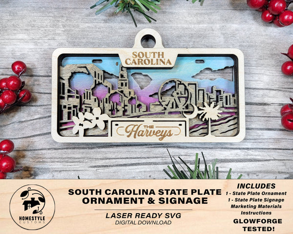 South Carolina State Plate Ornament and Signage - SVG File Download - Sized for Glowforge - Laser Ready Digital Files