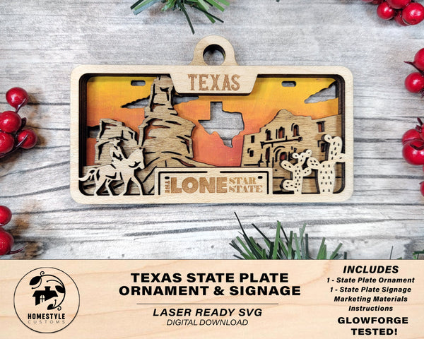Texas State Plate Ornament and Signage - SVG File Download - Sized for Glowforge - Laser Ready Digital Files