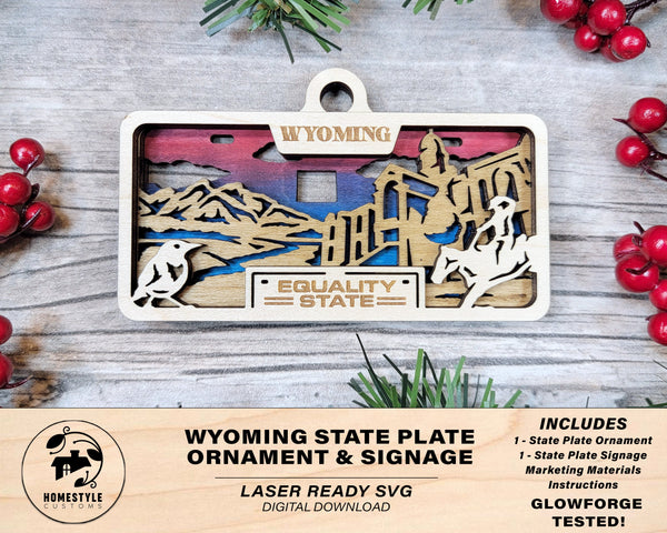 Wyoming State Plate Ornament and Signage - SVG File Download - Sized for Glowforge - Laser Ready Digital Files