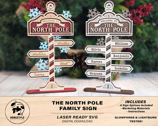 The North Pole Family Sign - Includes 2 to 8 Arrow Options - SVG File Download - Sized & Tested in Glowforge