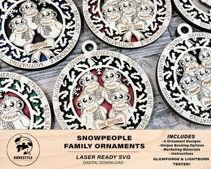 Snow People Family Ornaments - Includes Options for up to 6 Names - SVG File Download - Sized & Tested in Glowforge