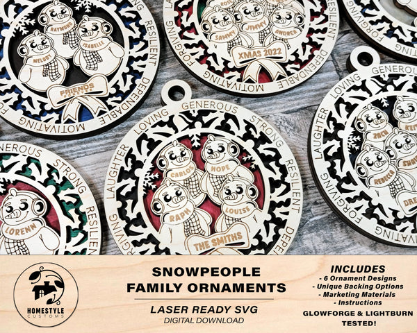 Snow People Family Ornaments - Includes Options for up to 6 Names - SVG File Download - Sized & Tested in Glowforge