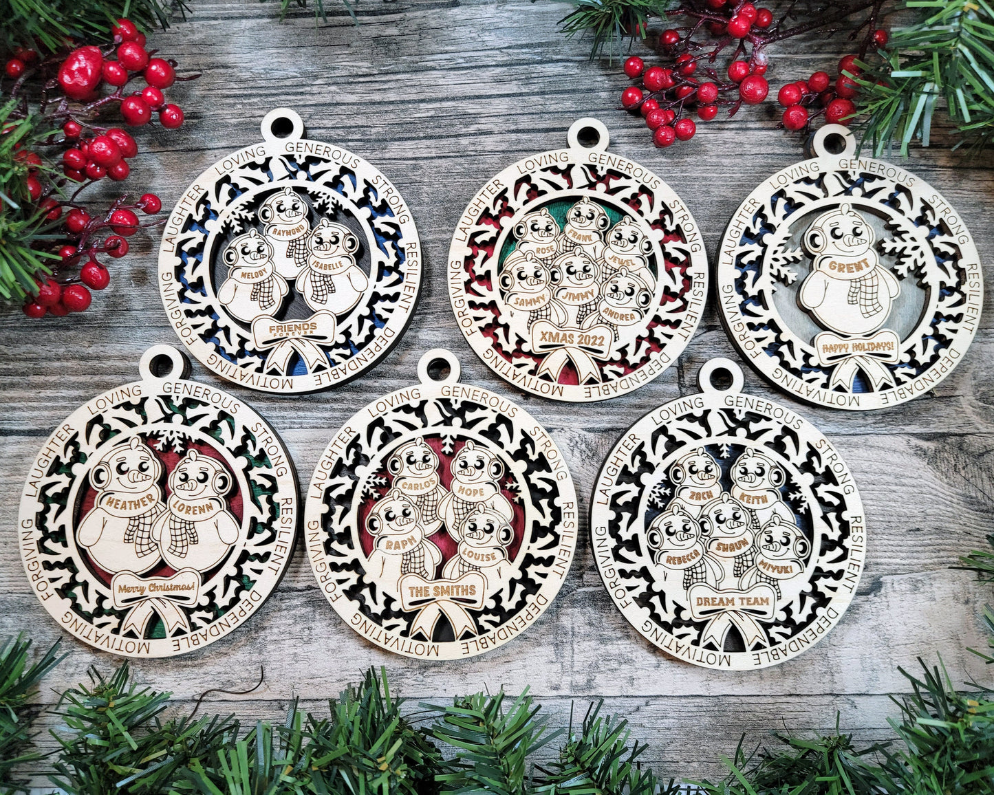 Snow People Family Ornaments - Includes Options for up to 6 Names - SVG File Download - Sized & Tested in Glowforge