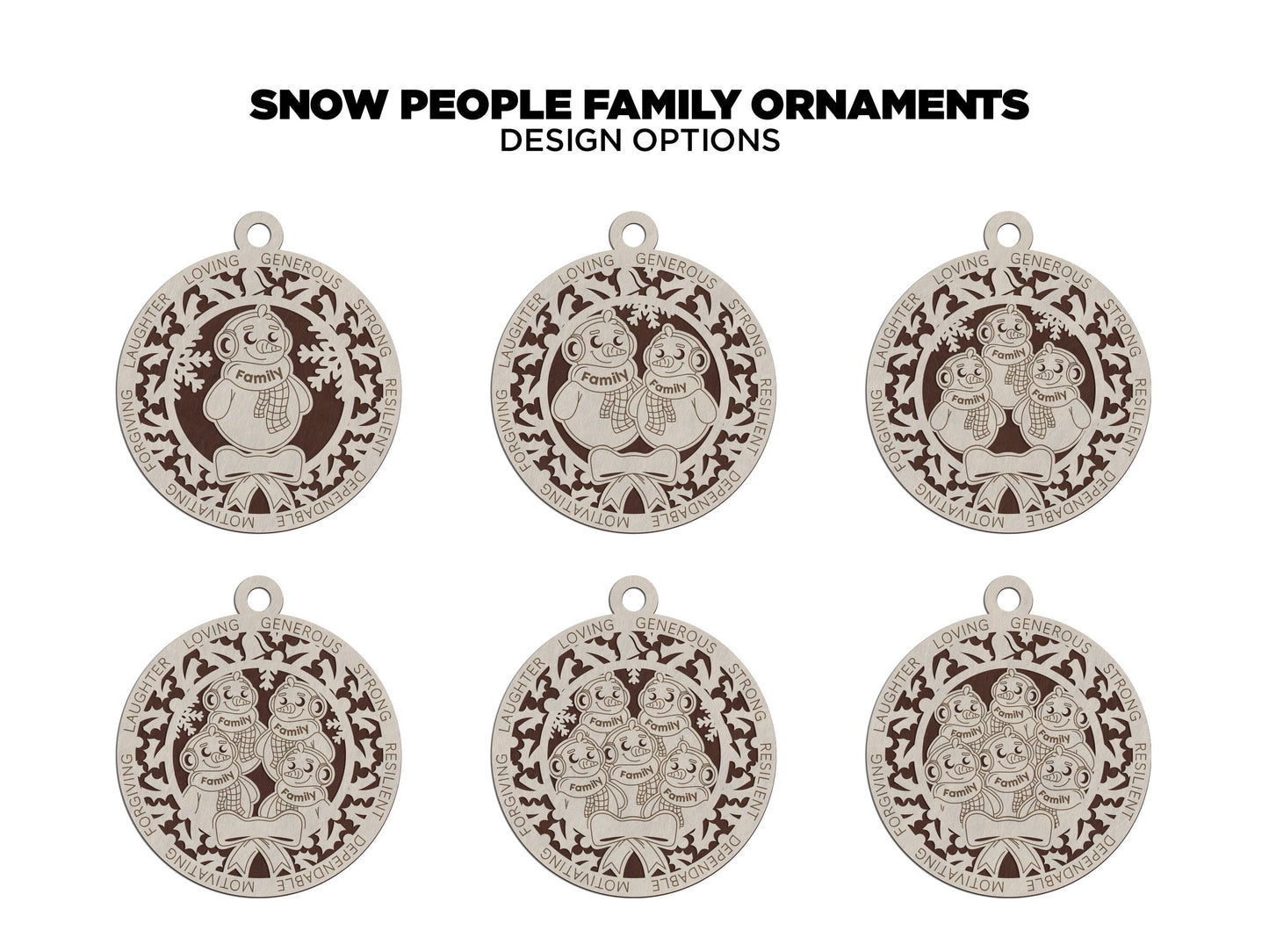 Snow People Family Ornaments - Includes Options for up to 6 Names - SVG File Download - Sized & Tested in Glowforge