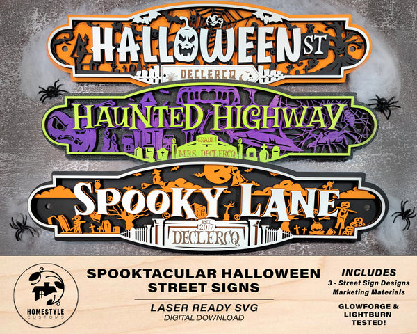 Spooktacular Halloween Street Signs - 3 Street Signs Designs Included - SVG File Download - Sized & Tested in Glowforge