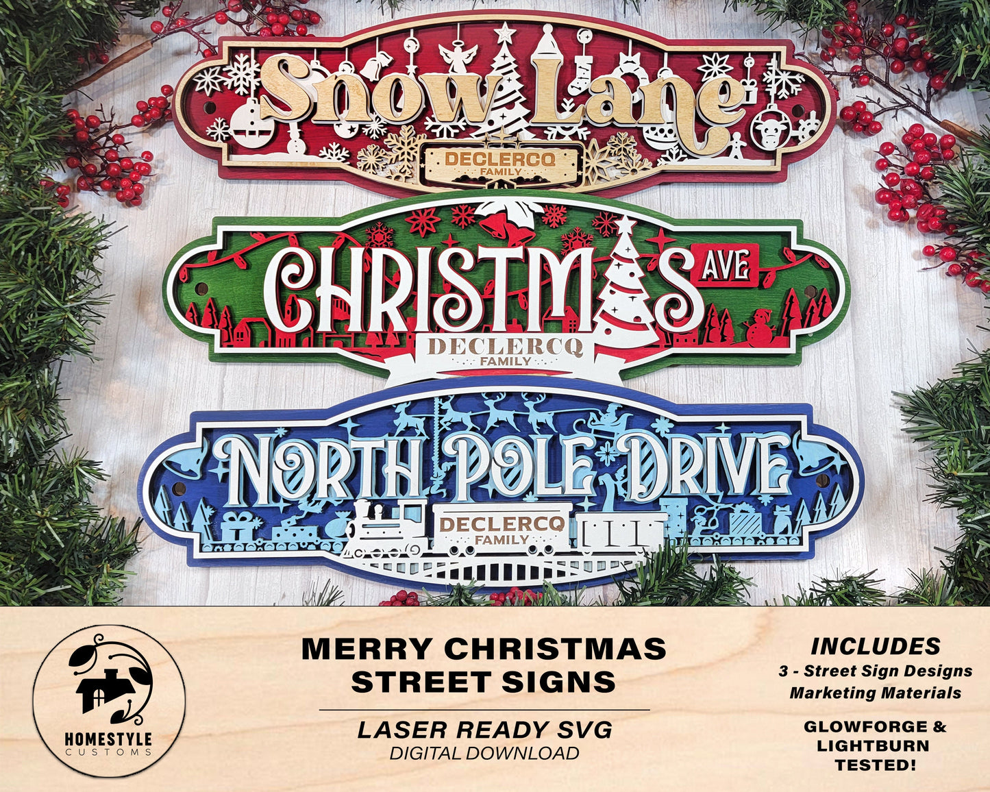 Merry Christmas Street Signs - 3 Street Signs Designs Included - SVG File Download - Sized & Tested in Glowforge