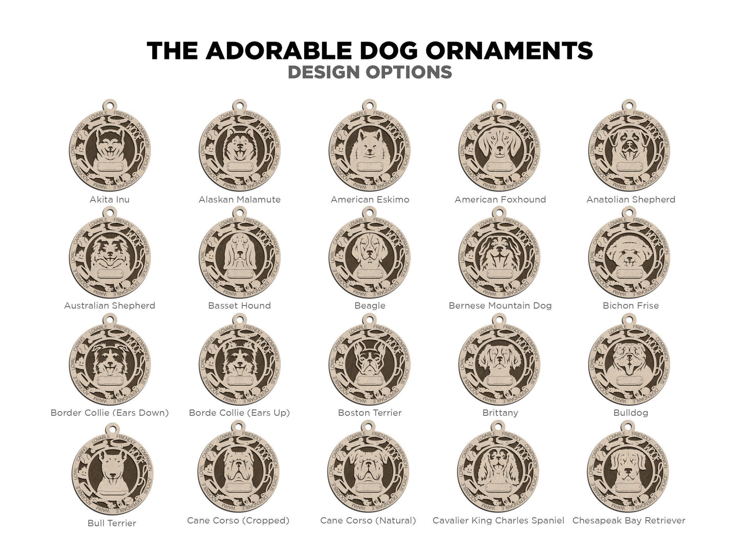 Adorable Dog Ornaments Pack 1 - 50 Breeds included with 2 Versions - 100+ Ornaments - SVG, PDF, AI File Download - Sized for Glowforge