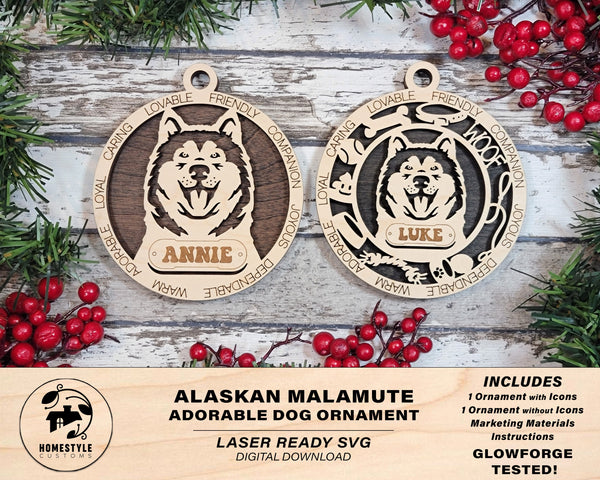 Alaskan Malamute - Adorable Dog Ornaments - 2 Ornaments included - SVG, PDF, AI File Download - Sized for Glowforge