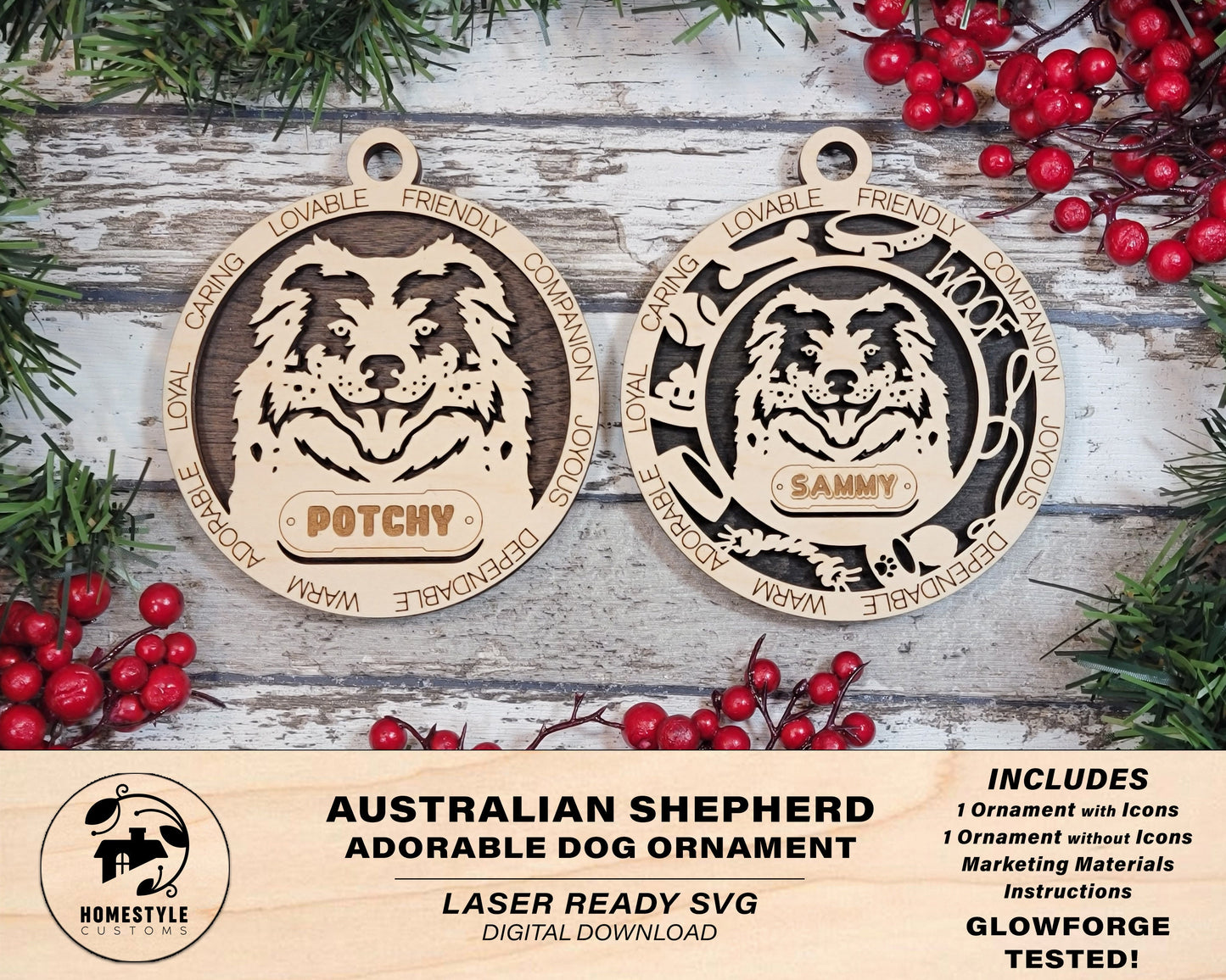 Australian Shepherd - Adorable Dog Ornaments - 2 Ornaments included - SVG, PDF, AI File Download - Sized for Glowforge