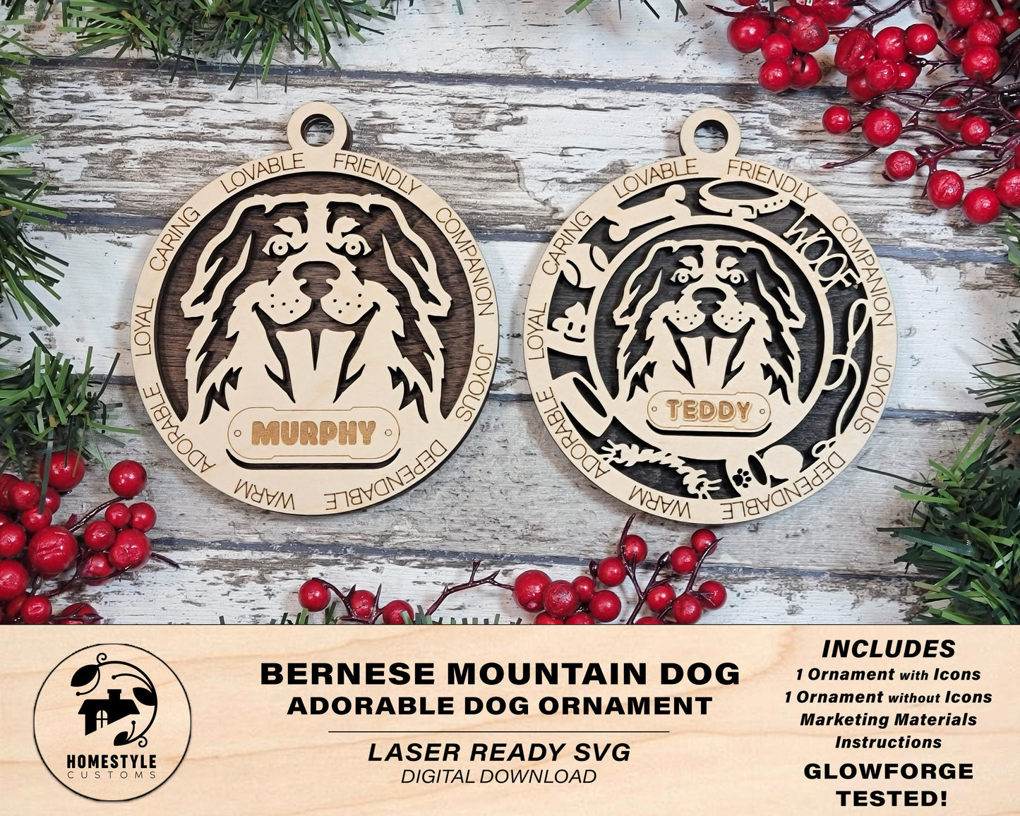 Bernese Mountain Dog - Adorable Dog Ornaments - 2 Ornaments included - SVG, PDF, AI File Download - Sized for Glowforge