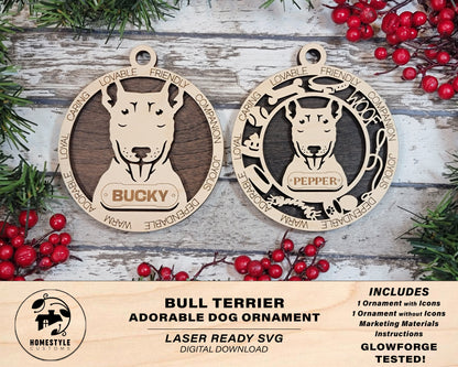 Bull Terrier - Adorable Dog Ornaments - 2 Ornaments included - SVG, PDF, AI File Download - Sized for Glowforge