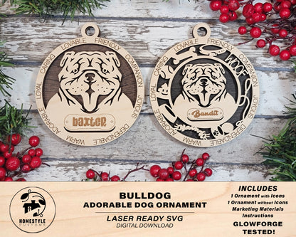 Bulldog - Adorable Dog Ornaments - 2 Ornaments included - SVG, PDF, AI File Download - Sized for Glowforge