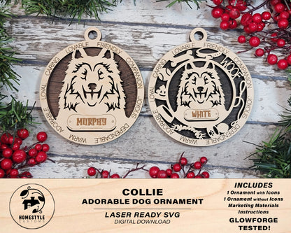 Collie - Adorable Dog Ornaments - 2 Ornaments included - SVG, PDF, AI File Download - Sized for Glowforge