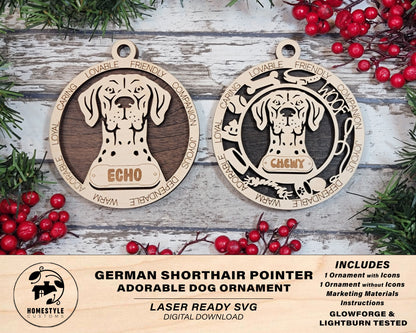 German Shorthaired Pointer - Adorable Dog Ornaments - 2 Ornaments included - SVG, PDF, AI File Download - Sized for Glowforge