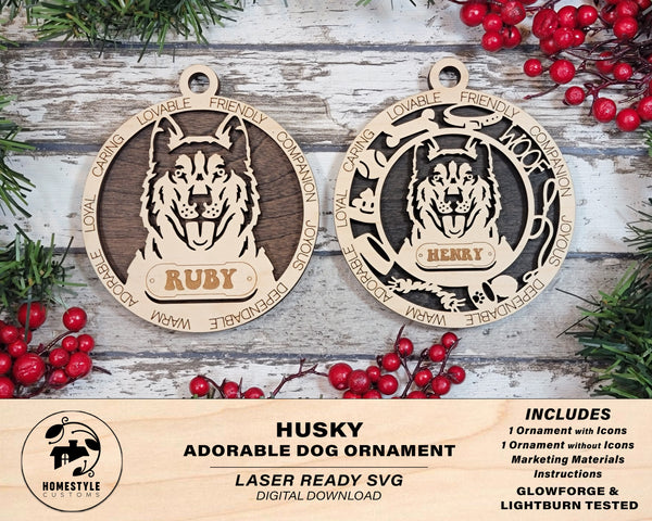 Husky - Adorable Dog Ornaments - 2 Ornaments included - SVG, PDF, AI File Download - Sized for Glowforge