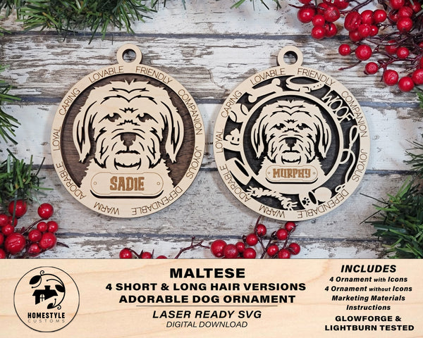 Maltese - Adorable Dog Ornaments - 2 Ornaments included - SVG, PDF, AI File Download - Sized for Glowforge
