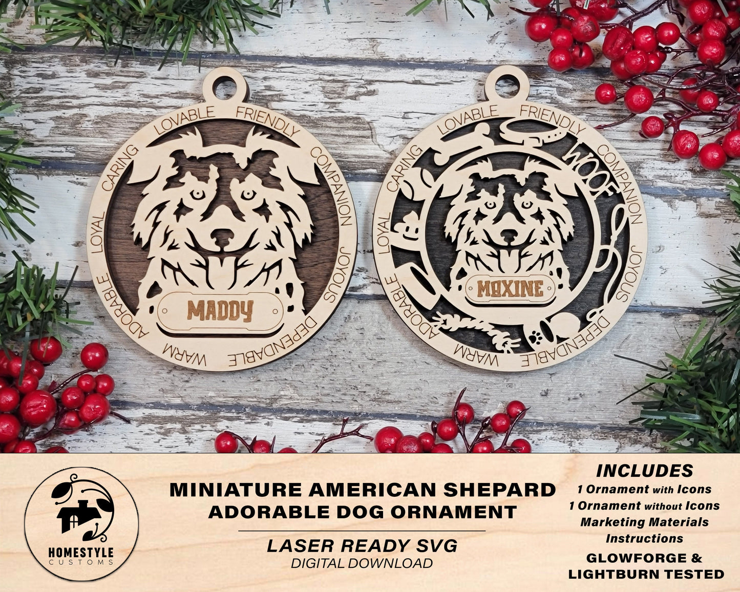 Miniature American Shepherd - Adorable Dog Ornaments - 2 Ornaments included - SVG, PDF, AI File Download - Sized for Glowforge