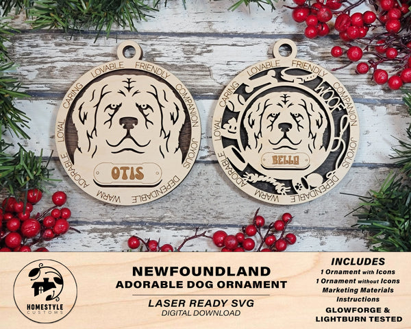 Newfoundland - Adorable Dog Ornaments - 2 Ornaments included - SVG, PDF, AI File Download - Sized for Glowforge