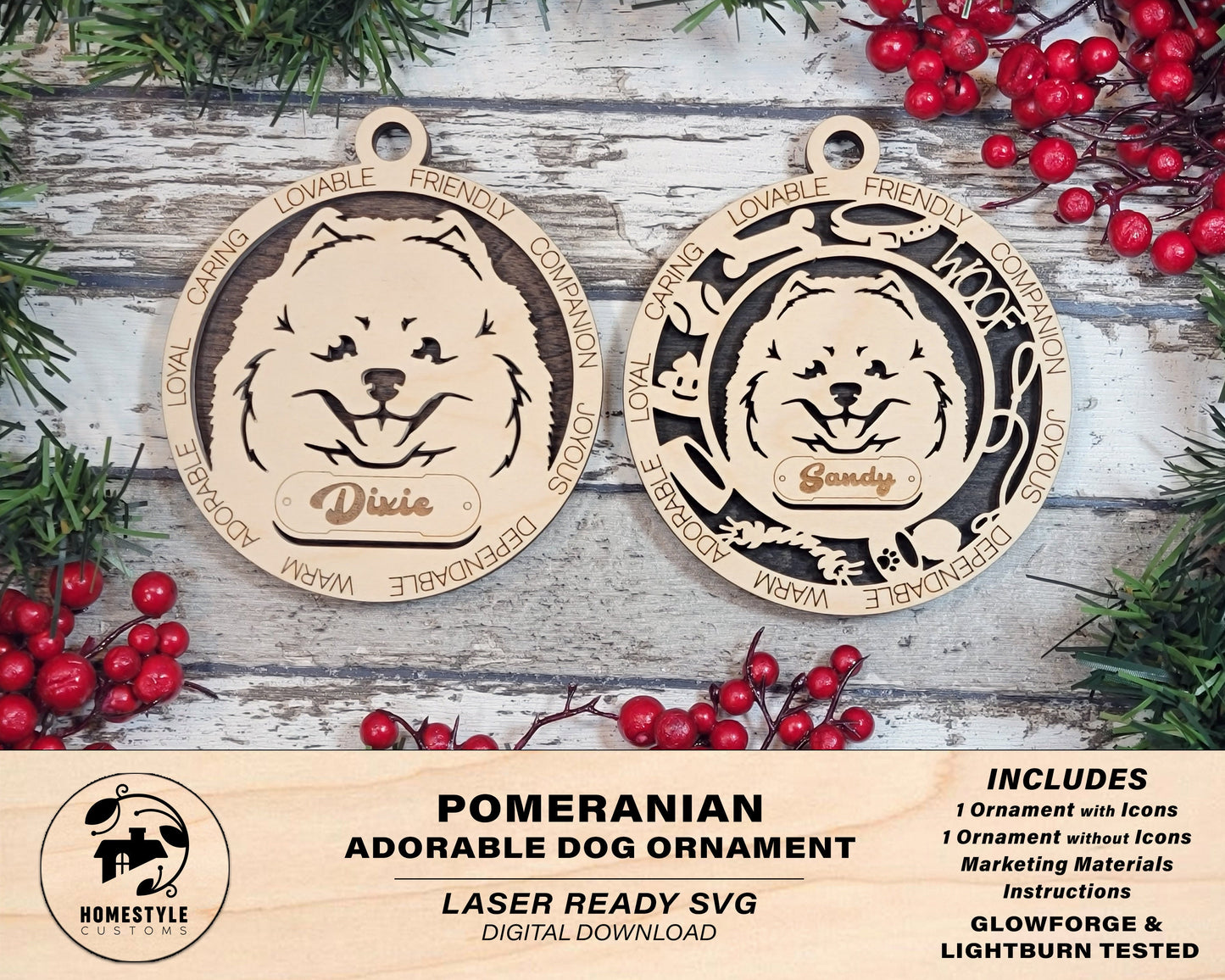 Pomeranian - Adorable Dog Ornaments - 2 Ornaments included - SVG, PDF, AI File Download - Sized for Glowforge