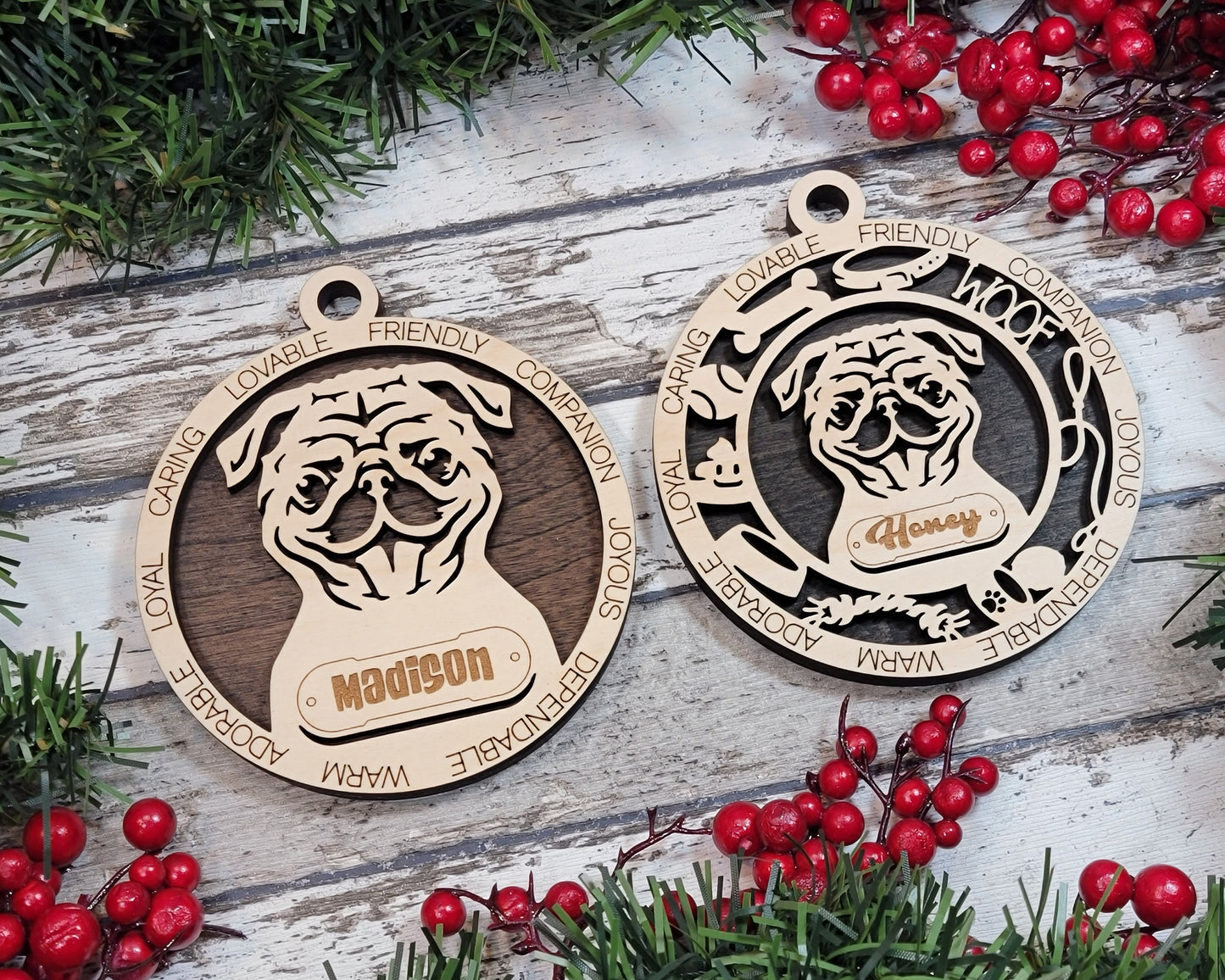 Pug - Adorable Dog Ornaments - 2 Ornaments included - SVG, PDF, AI File Download - Sized for Glowforge