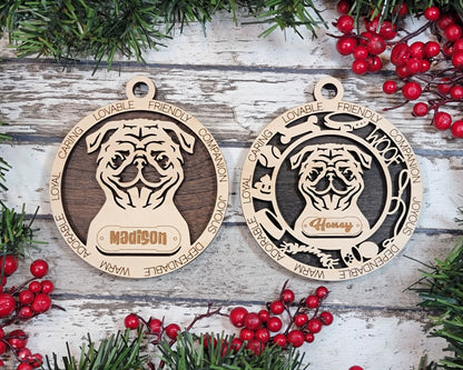 Pug - Adorable Dog Ornaments - 2 Ornaments included - SVG, PDF, AI File Download - Sized for Glowforge