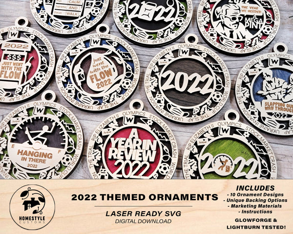 2022 Themed Ornaments - 10 Unique Designs - SVG, PDF, AI File Download - Sized for Glowforge