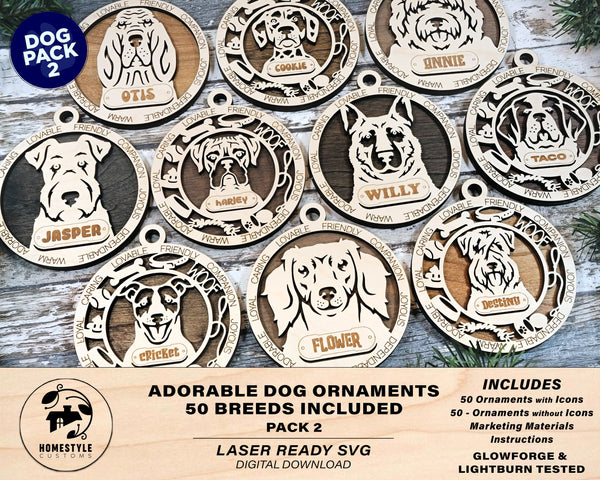 Adorable Dog Ornaments Pack 2 - 50 Breeds included with 2 Versions - 100+ Ornaments - SVG, PDF, AI File Download - Sized for Glowforge