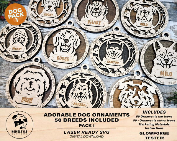 Adorable Dog Ornaments Pack 1 - 50 Breeds included with 2 Versions - 100+ Ornaments - SVG, PDF, AI File Download - Sized for Glowforge