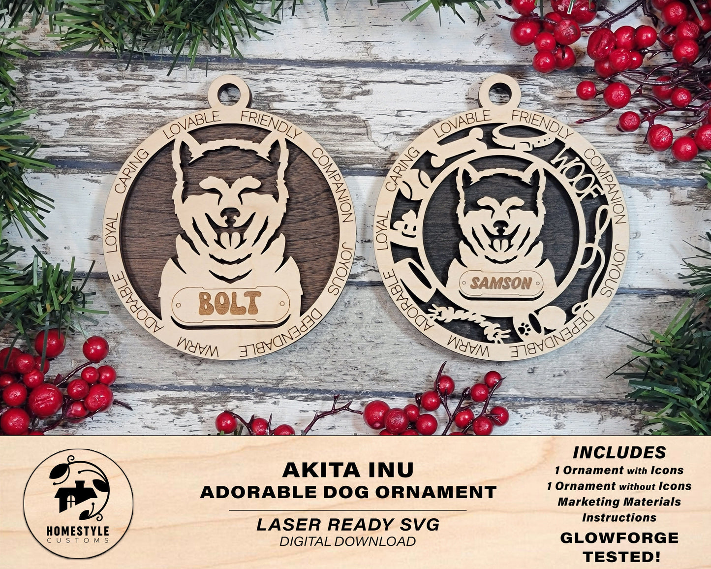 Akita Inu - Adorable Dog Ornaments - 2 Ornaments included - SVG, PDF, AI File Download - Sized for Glowforge