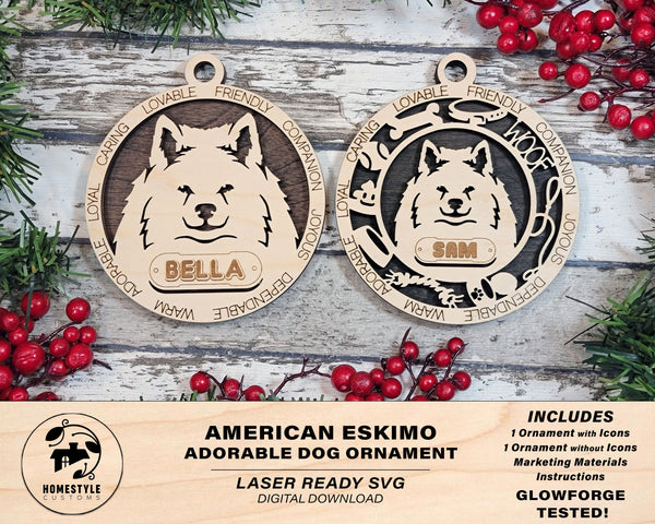 American Eskimo - Adorable Dog Ornaments - 2 Ornaments included - SVG, PDF, AI File Download - Sized for Glowforge