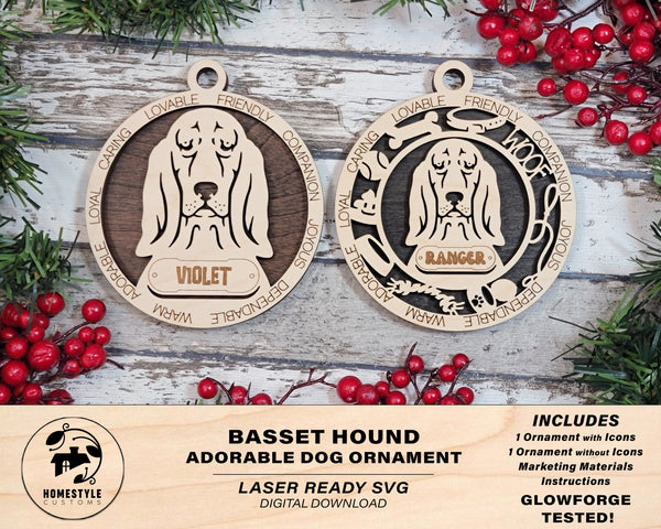 Basset Hound - Adorable Dog Ornaments - 2 Ornaments included - SVG, PDF, AI File Download - Sized for Glowforge